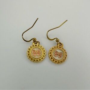 Lace Edge Gold and Pink Bow Earrings